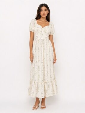 Ivory Floral Puff-Sleeve Maxi Dress